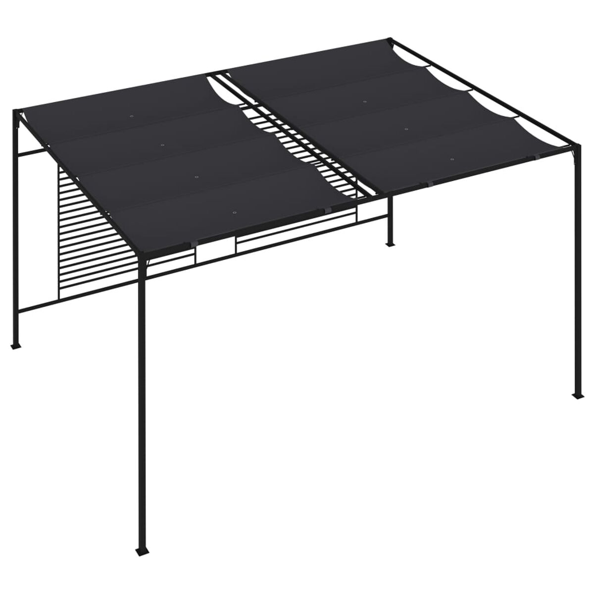 Schwarze Metallpergola mit schwarzem Baldachin. Vier Stützpfeiler. Draufsicht.