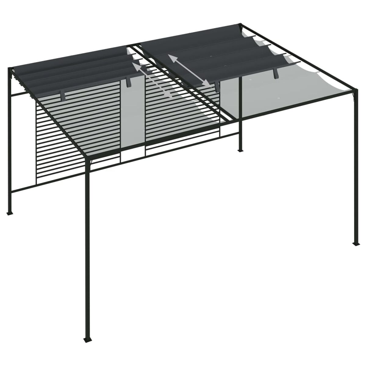 Pergola mit schwarzem Rahmen und Dach. Zwei Abschnitte mit verstellbaren Schatten. Schlichtes, modernes Design.