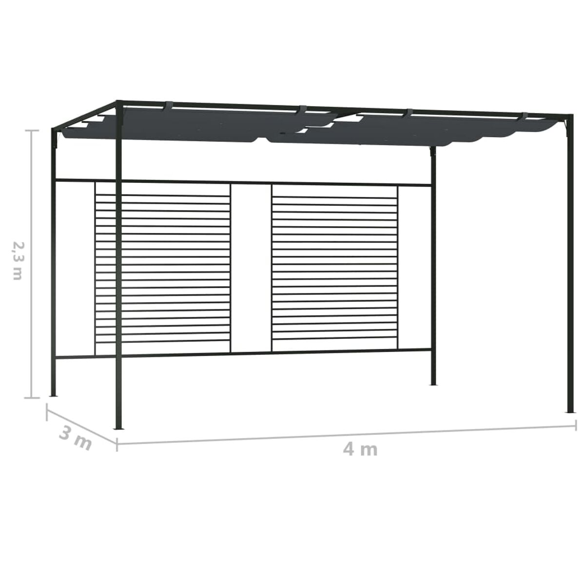 Schwarze Pergola mit grauem Vordach, vor weißem Hintergrund.