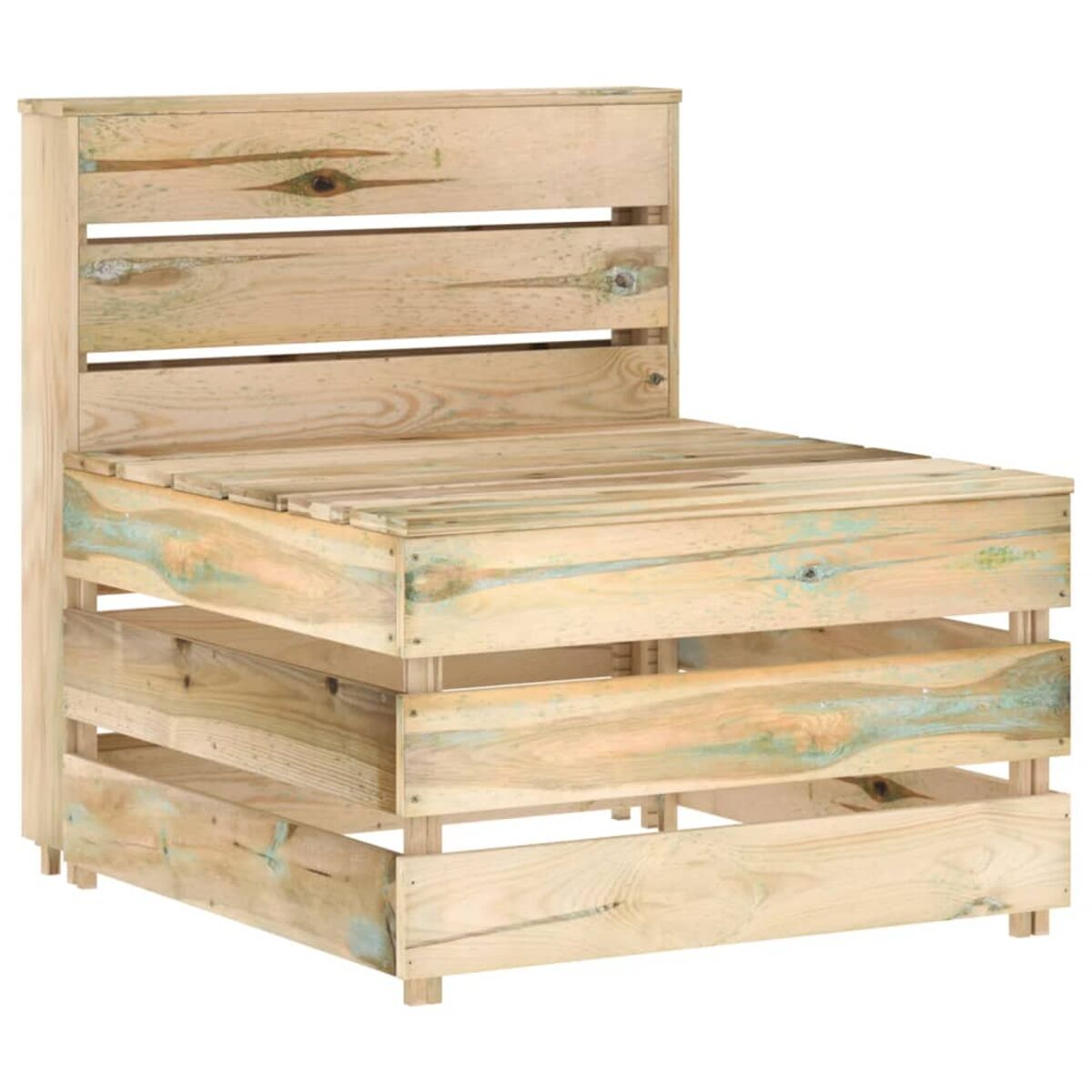 Stuhl im Palettenstil aus Holz in hellgrünen und natürlichen Holztönen.