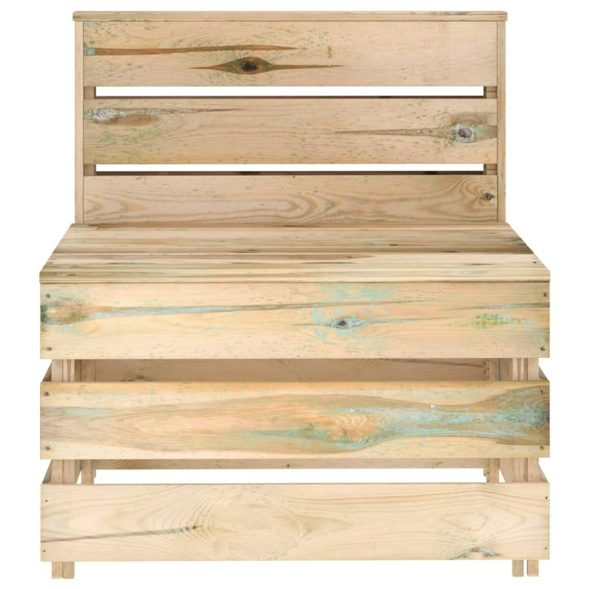 Holzbank im Freien. Drei Schubladen und eine Lattenlehne. Hellgrüne Holzplanken. Isoliert auf Weiß.