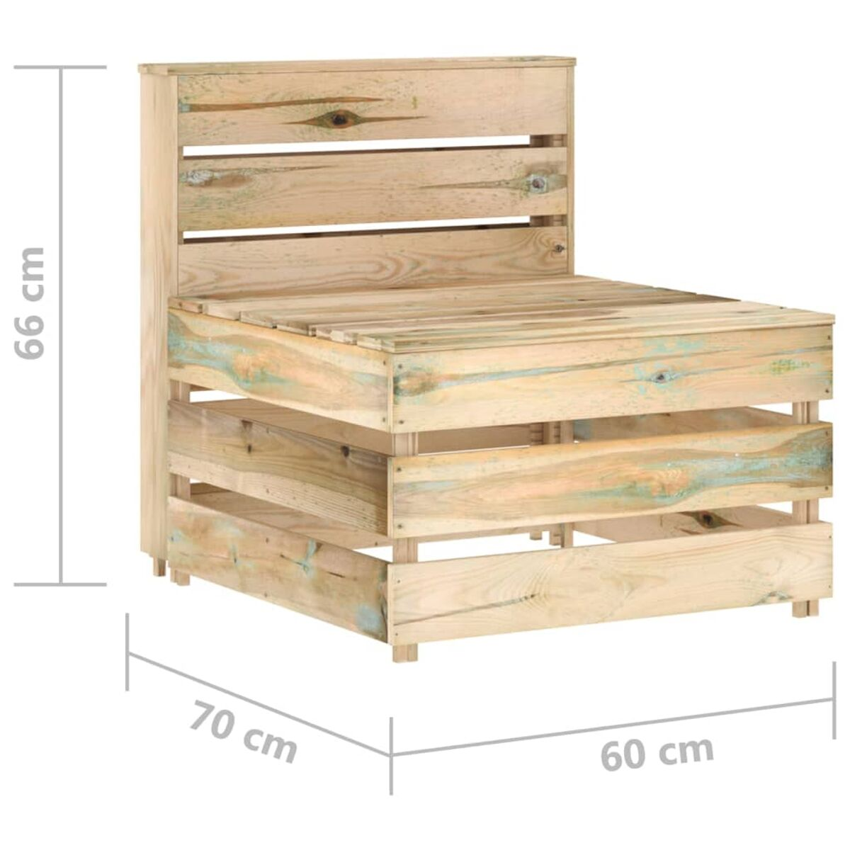 Holz-Außenstuhl mit angezeigten Abmessungen. Der Stuhl hat eine Latten-Sitzfläche und -Rückenlehne.