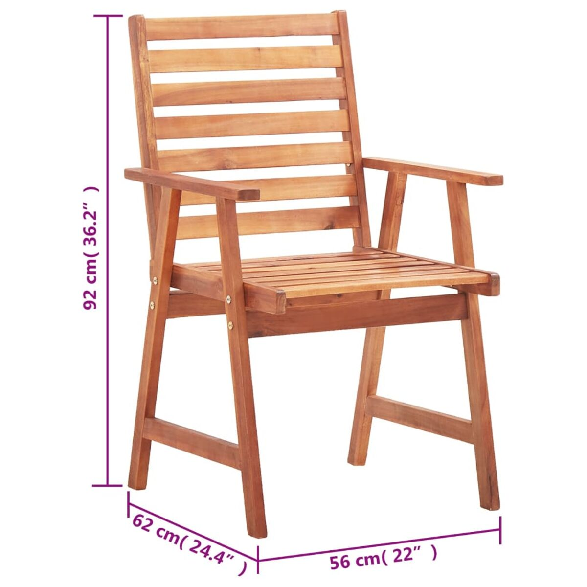 Holz-Außenarmlehnsessel mit horizontalen Lamellen und Abmessungen in cm.