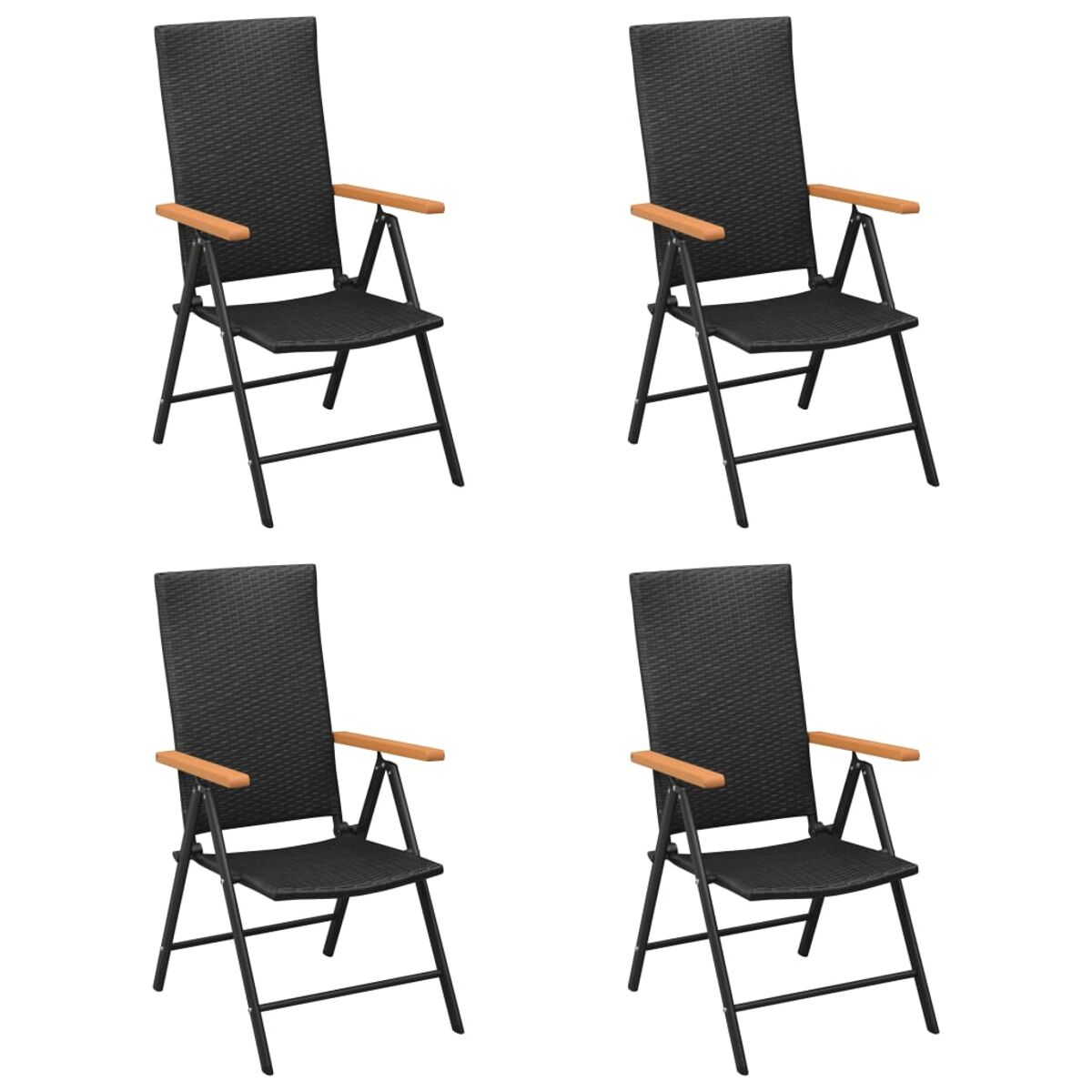 Vier schwarze Klappstühle mit Holzarmlehnen, vor weißem Hintergrund.
