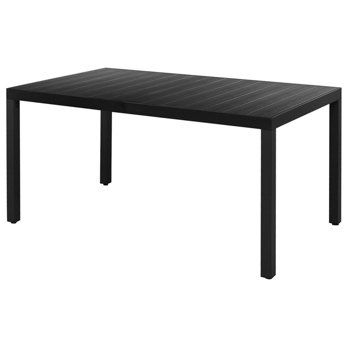 Tavolo rettangolare nero da esterno con quattro gambe. Sfondo bianco.