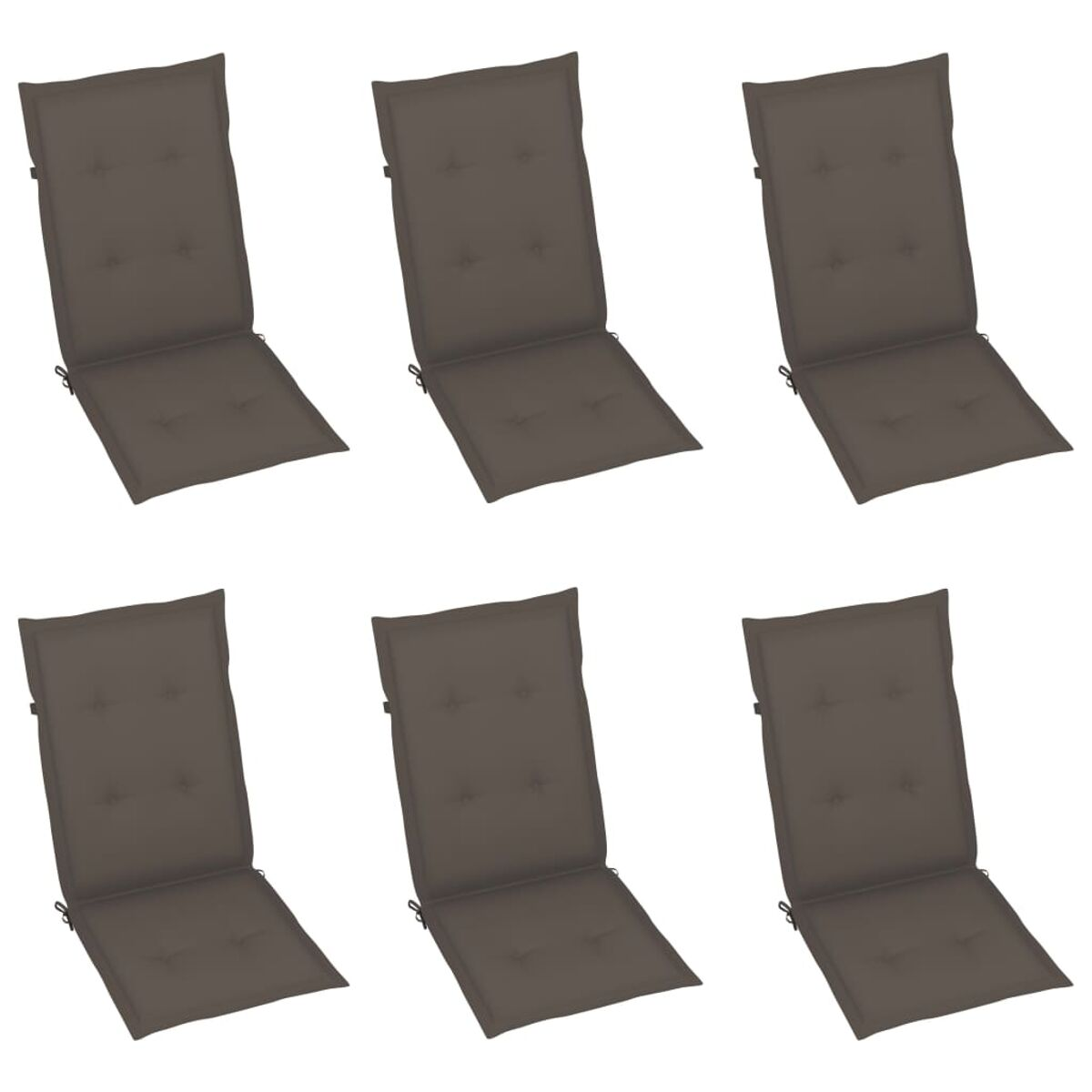 Sechs graue Outdoor-Stuhlkissen. Rechteckige Form mit Knopfdetails.