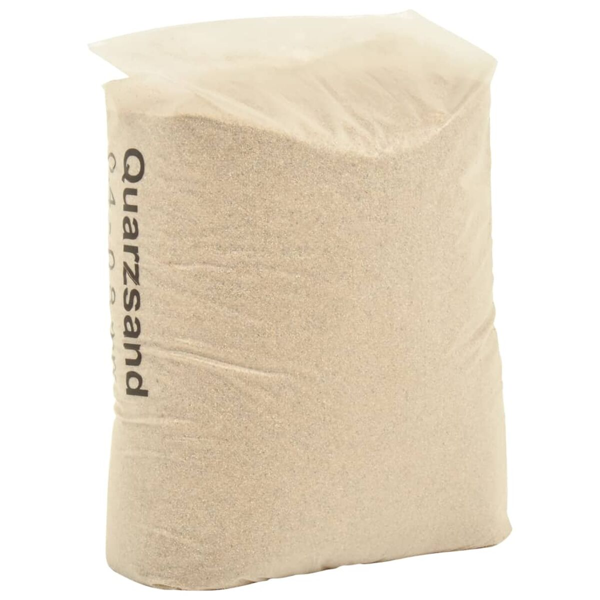 Ein transparenter Plastikbeutel mit beigem Quarzsand und schwarzem Text 'Quarzsand'.