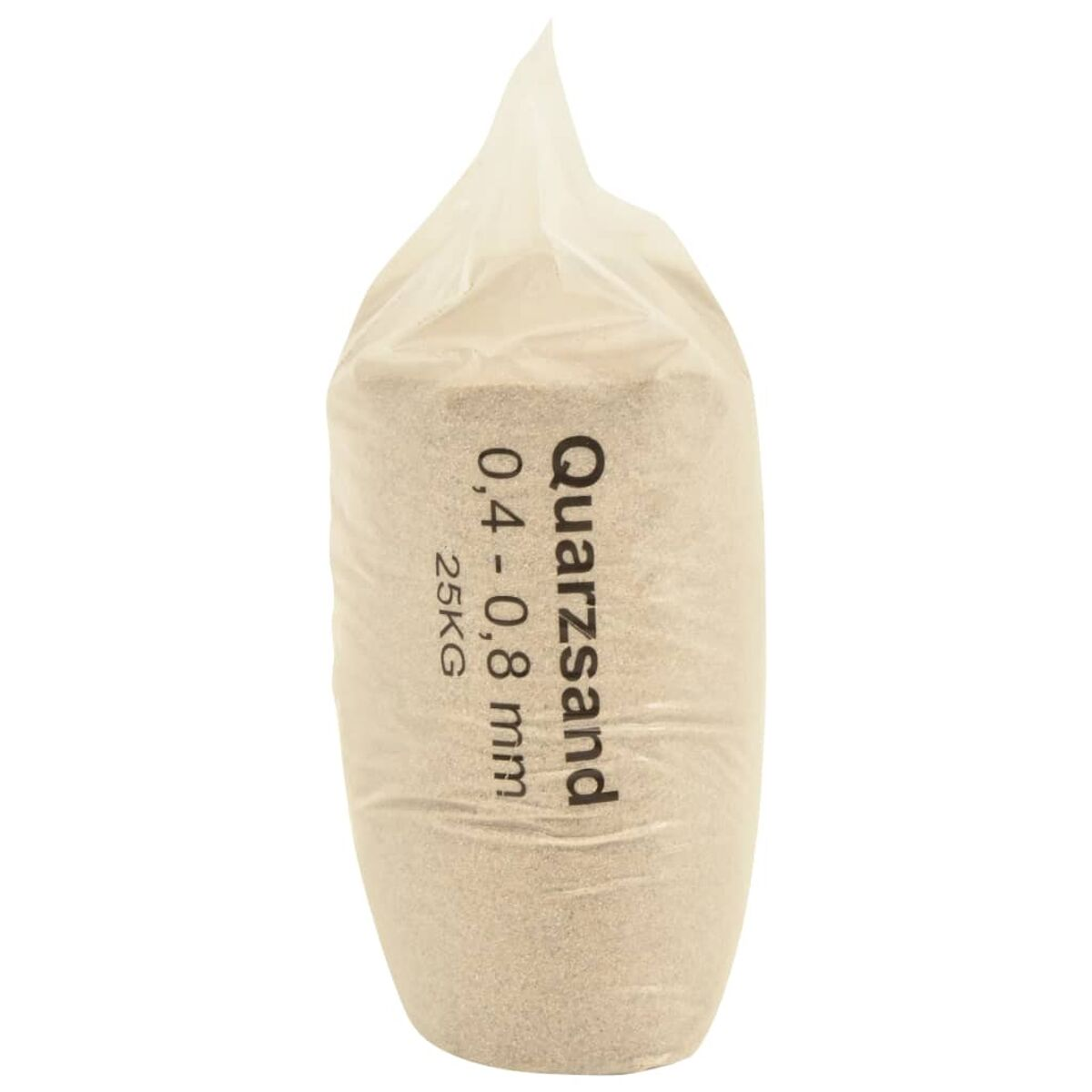 Beutel Quarzsand. Text auf dem Beutel: Quarzsand 0,4 - 0,8 mm 25KG. Weißer Hintergrund.