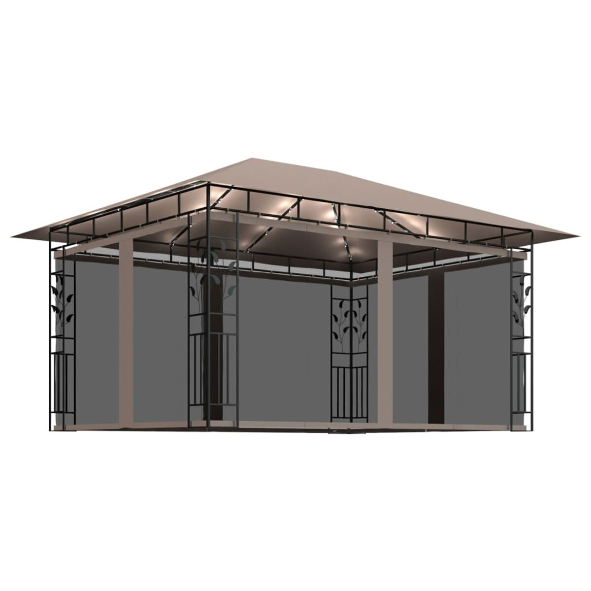 Ein beigefarbener und schwarzer Pavillon mit schwarzen Geländern. Der Hintergrund ist weiß.