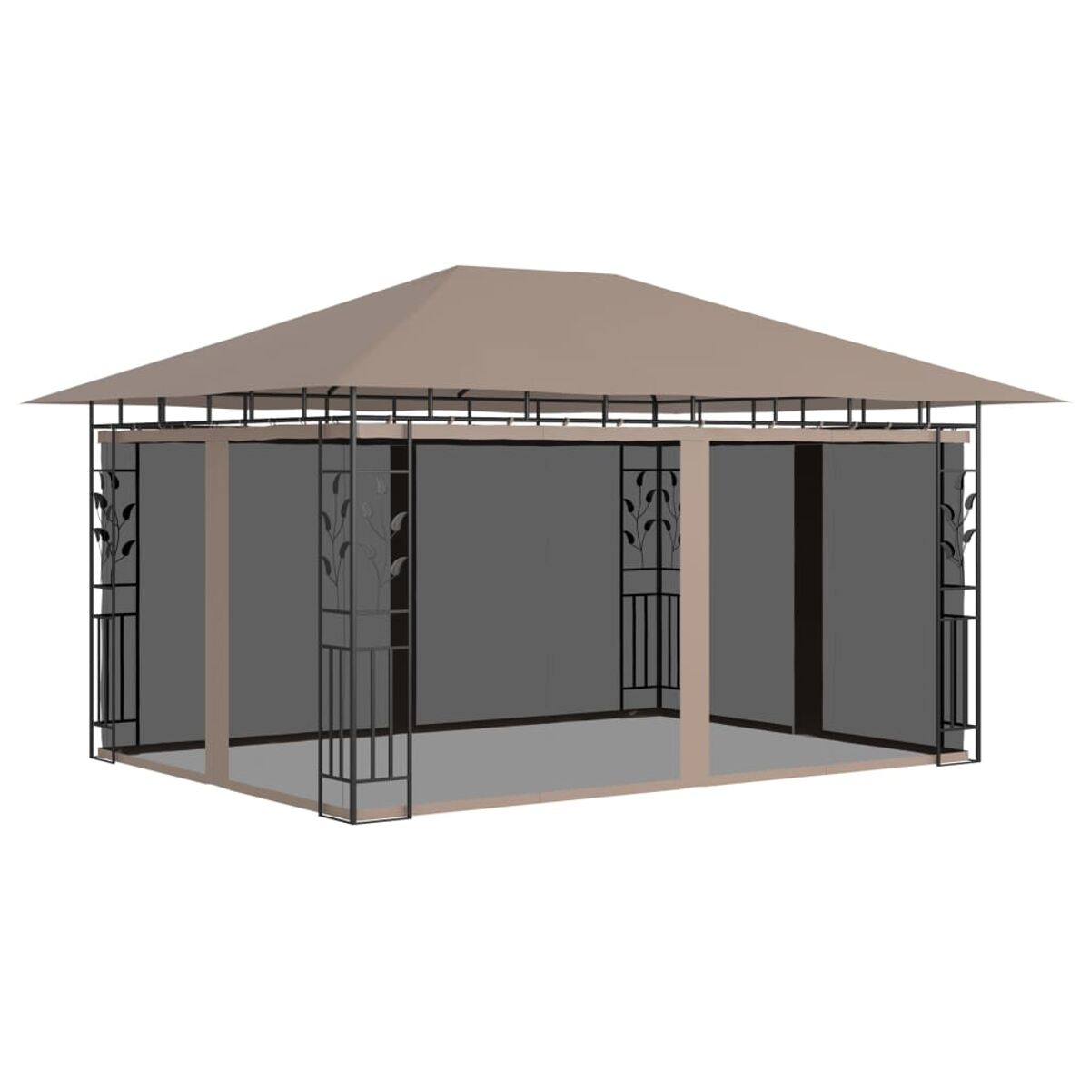 Beiger Pavillon mit dunklem Rahmen und beigem Dach.