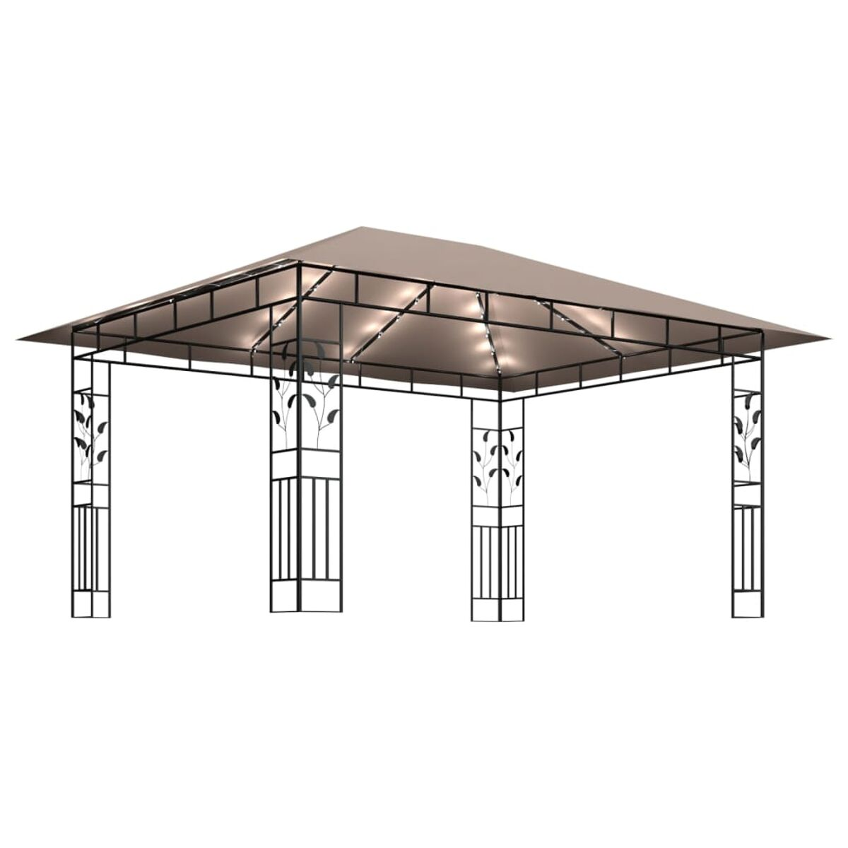 Ein beiger Pavillon mit dunklem Metallrahmen und dekorativen Blättern.