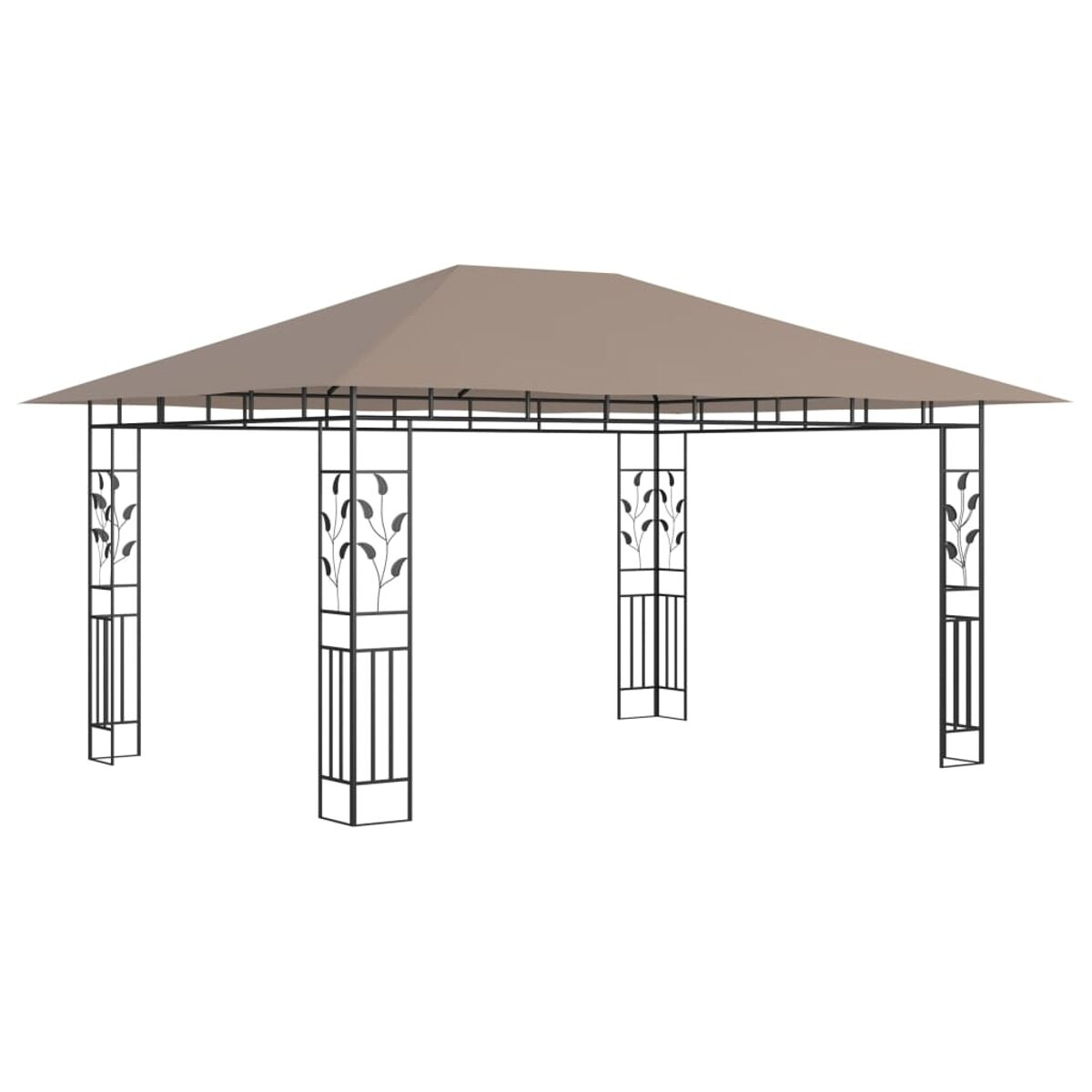 Beige und schwarzer Pavillon mit Blumendesign an den Stangen. Die Struktur steht auf weißem Grund.