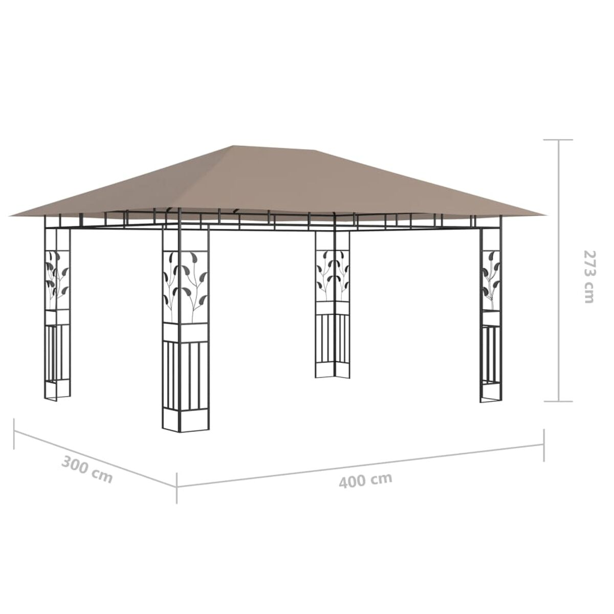 Ein beigefarbener und brauner Pavillon mit Maßen. Weißer Hintergrund.