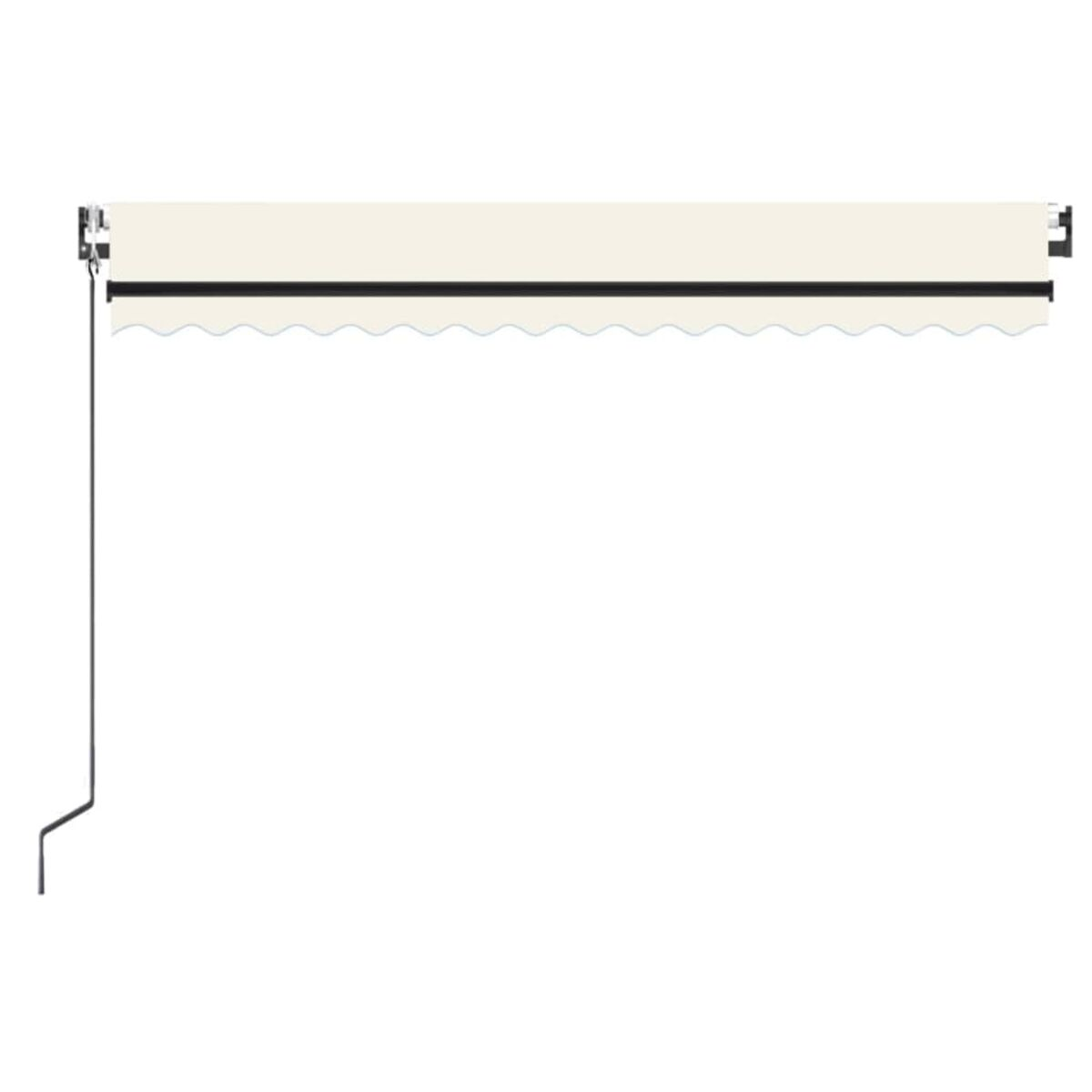 Eine beige Markise mit schwarzem Rand, an einer weißen Oberfläche befestigt. Ein schwarzer Arm ragt herunter.
