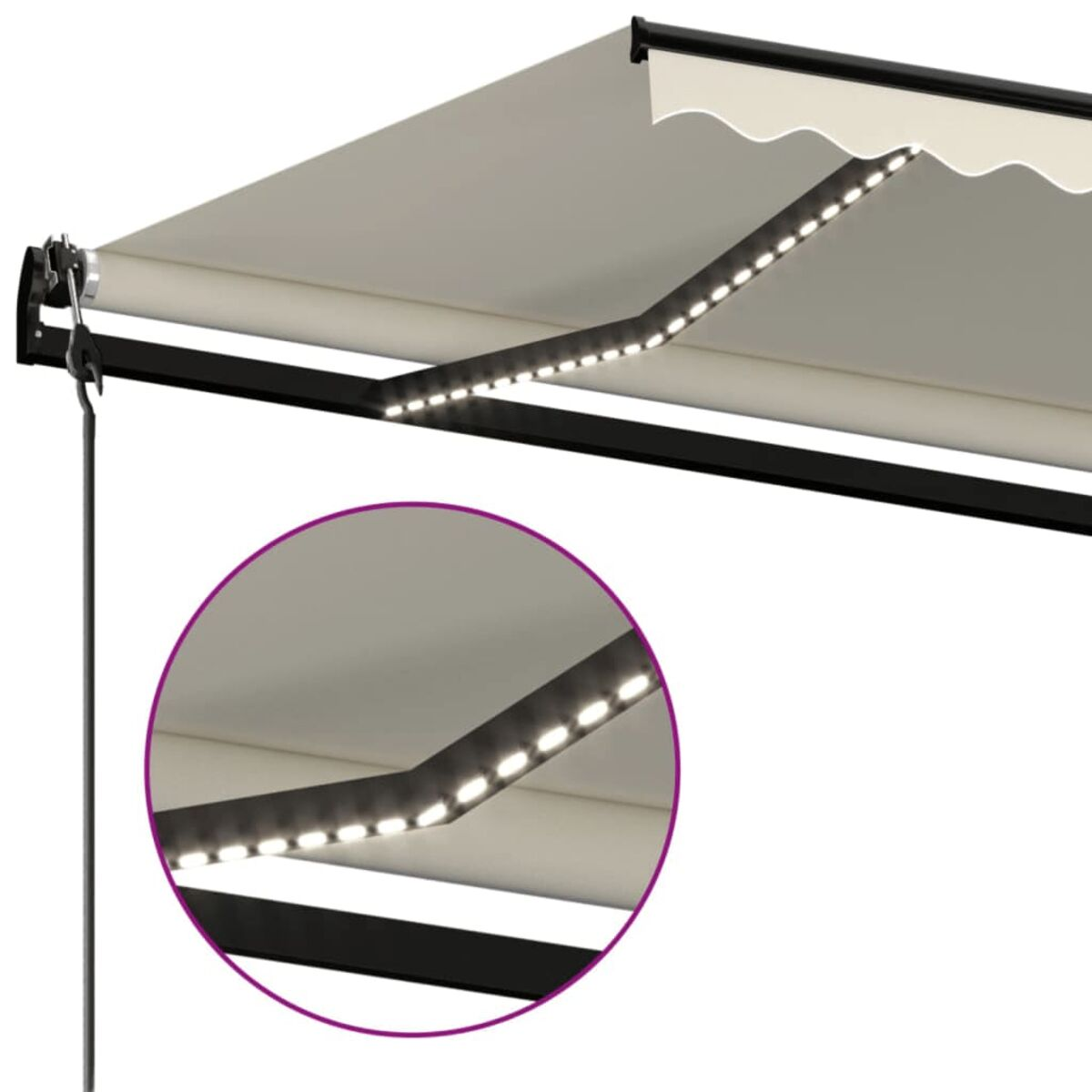 Markise mit LED-Leuchten, Nahaufnahme der Leuchten. Weiße Leinwand, schwarzer Rahmen.