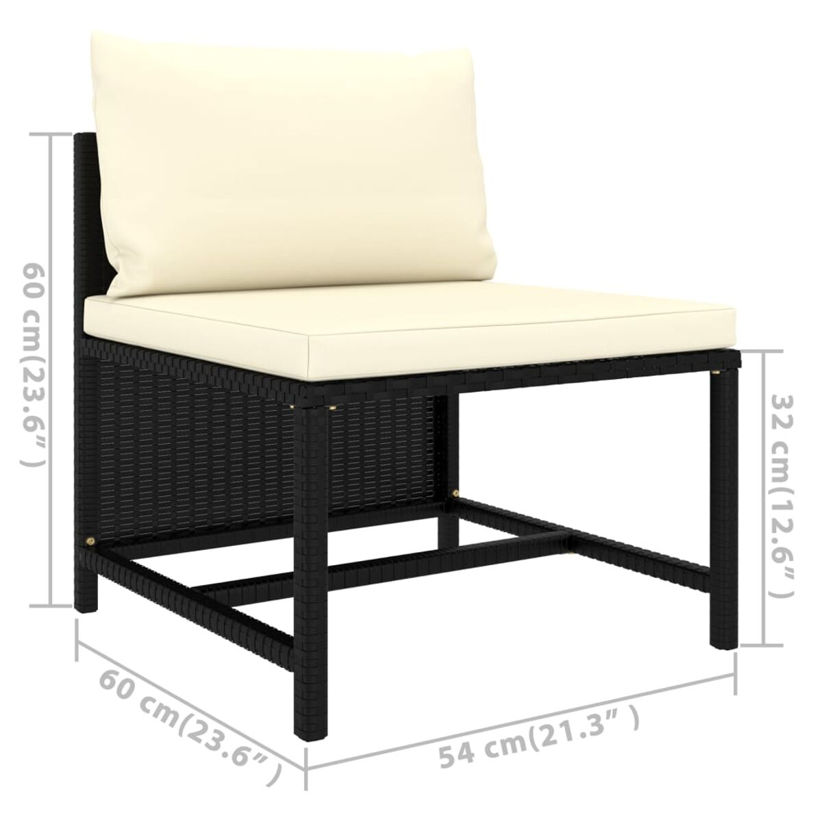 Schwarzer Korbstuhl mit cremefarbenem Kissen. Maße sind angegeben. Auf weißem Hintergrund.