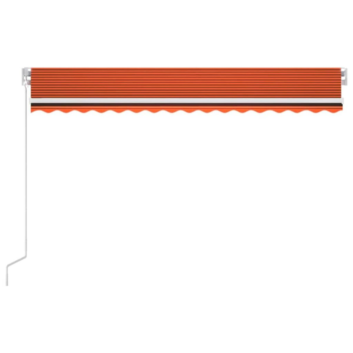 Orange-schwarz gestreifte Markise, weißer Hintergrund.
