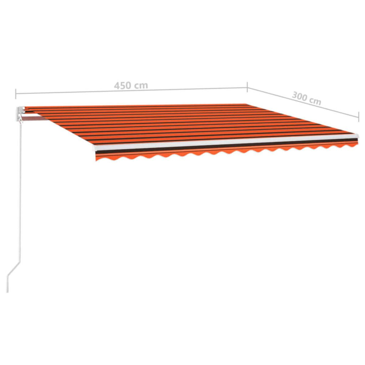 Orange-schwarz gestreifte Markise, ausgefahren. Abmessungen sind 450cm x 300cm.