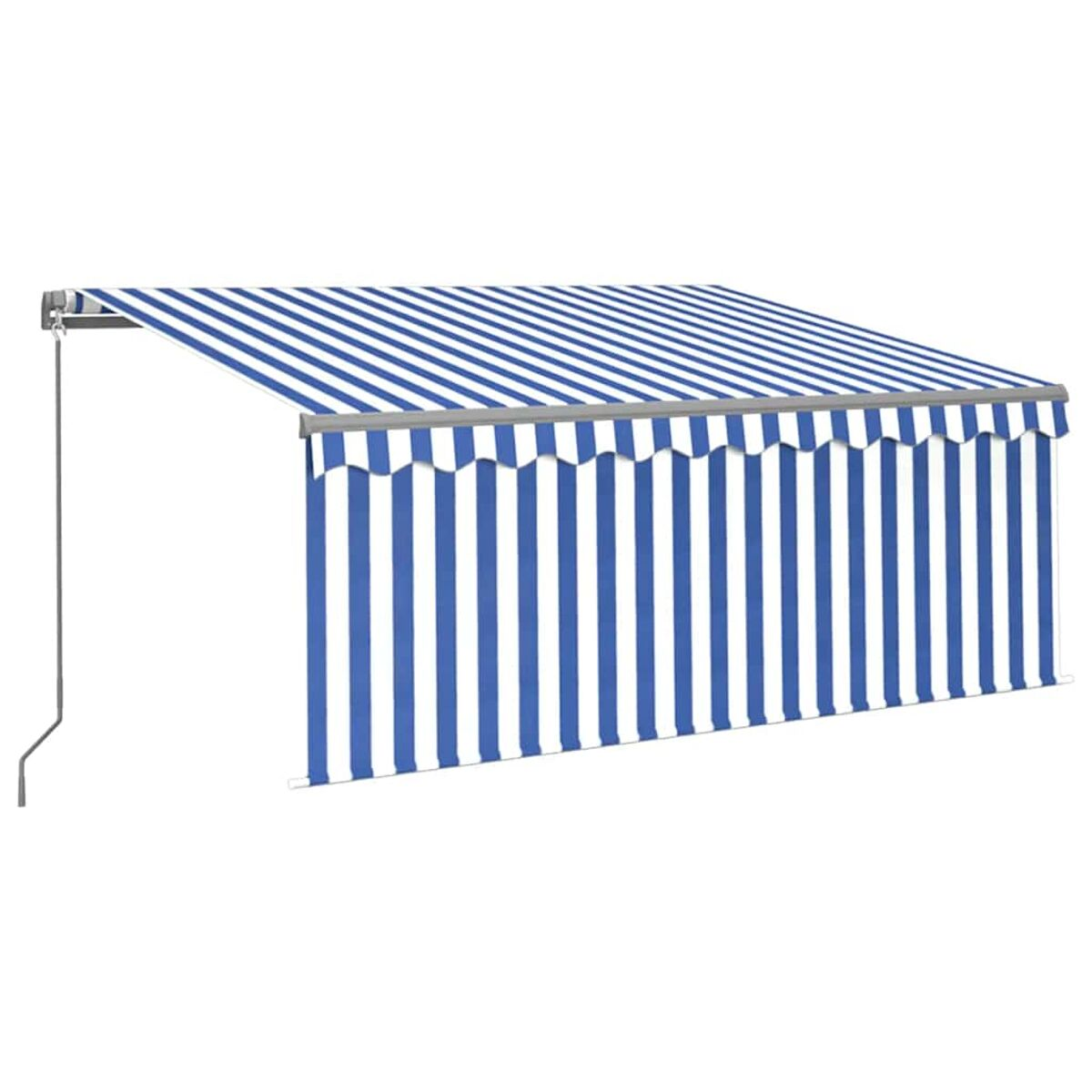 Blau-weiß gestreifte ausziehbare Markise, weißer Hintergrund.