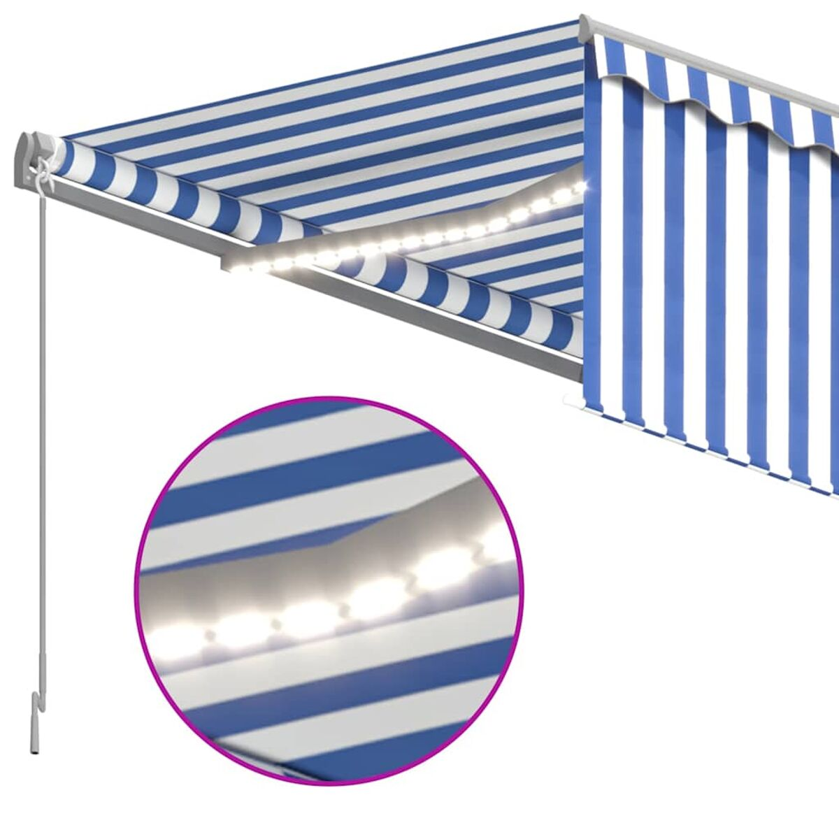 Blau-weiß gestreifte Markise mit Nahaufnahme der LED-Leuchten. Weißer Hintergrund.