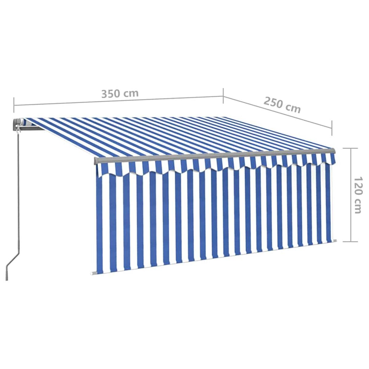 Blau-weiß gestreifte Markise. Maße: 350cm breit, 250cm tief, 120cm Ausladung. Metallrahmen und Stütze.