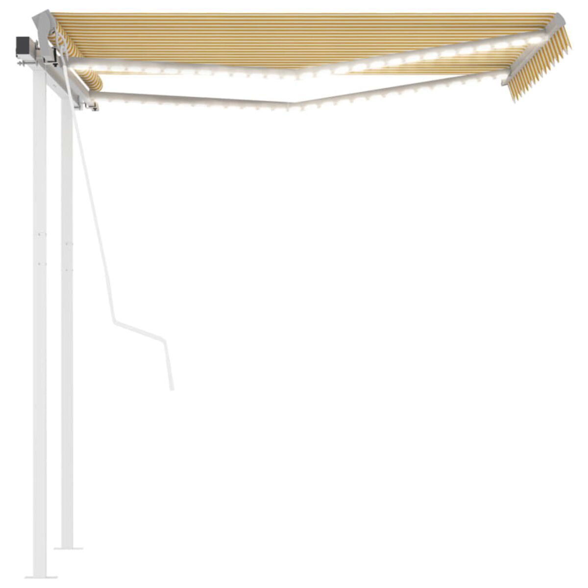 Beige gestreifte Markise, ausgefahren. Die Markise ist an einem weißen Rahmen mit Lichtern befestigt.