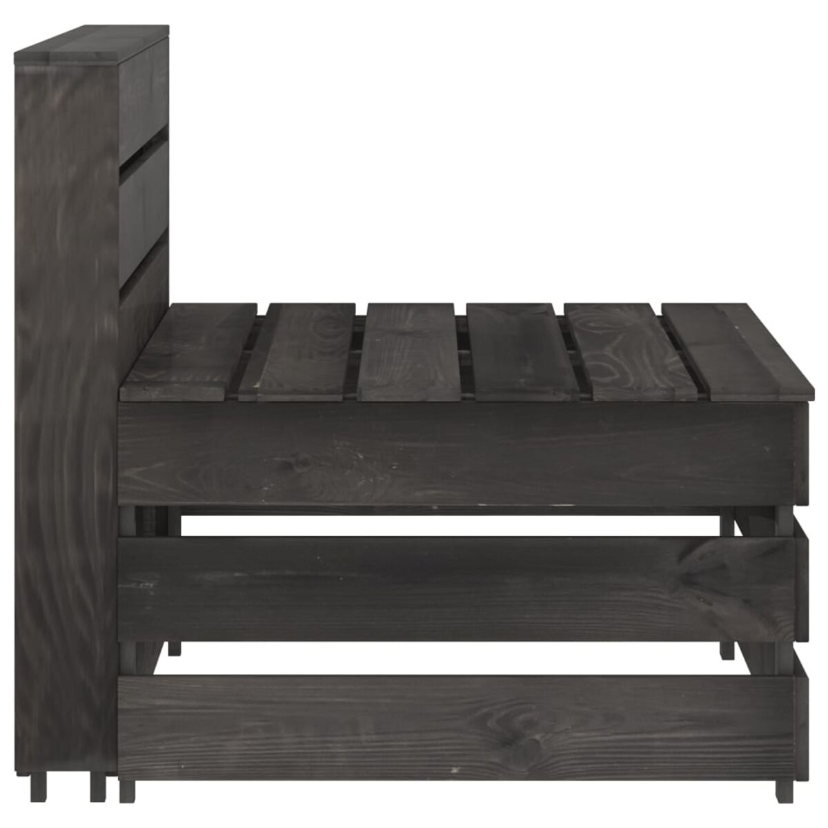 Seitenansicht einer dunklen Holzbank mit Rückenlehne und Sitzfläche. Das Design ist einfach.