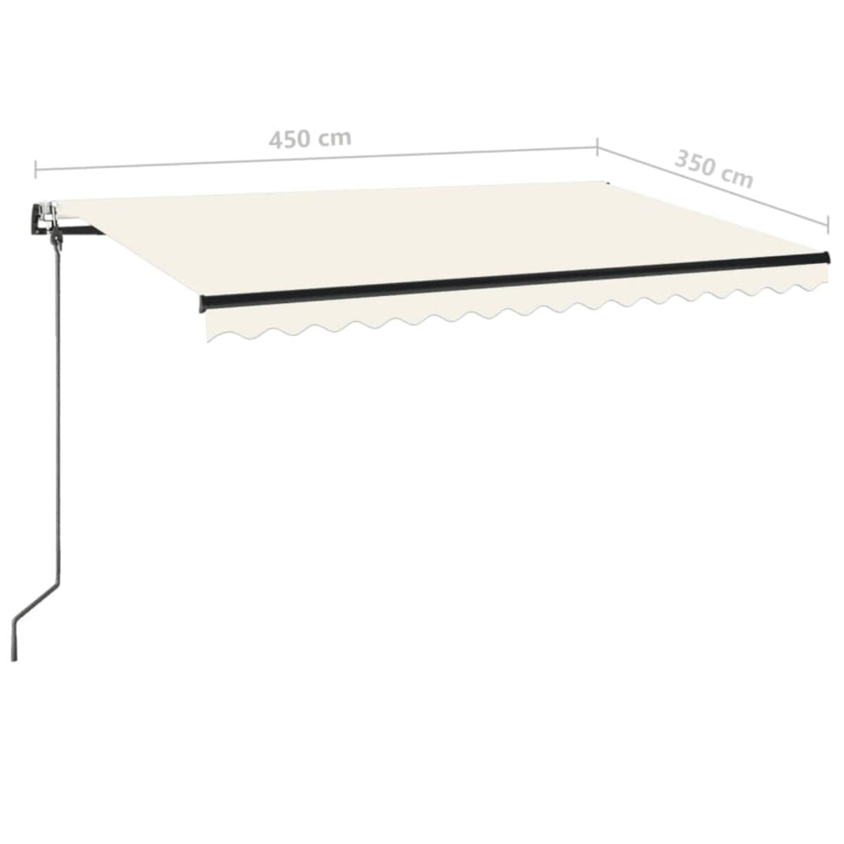 Markise, weiß mit schwarzem Rand, ausgefahren. Maße 450 cm x 350 cm.