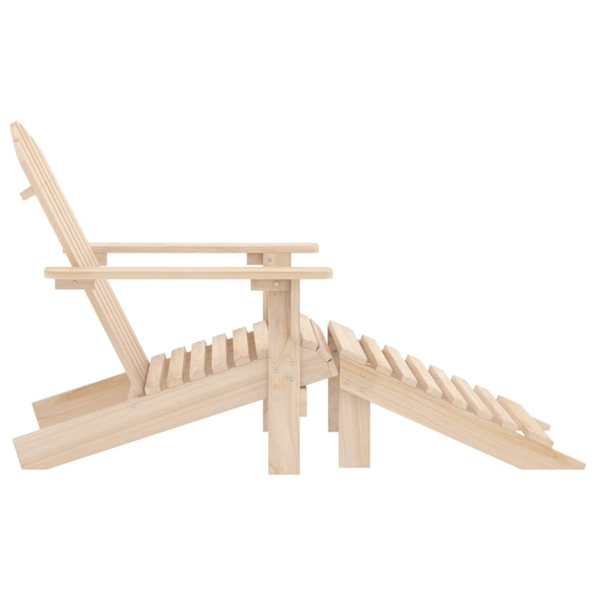 Adirondack-Stuhl und Fußstütze aus hellem Holz. Lamellendesign. Seitenansicht.