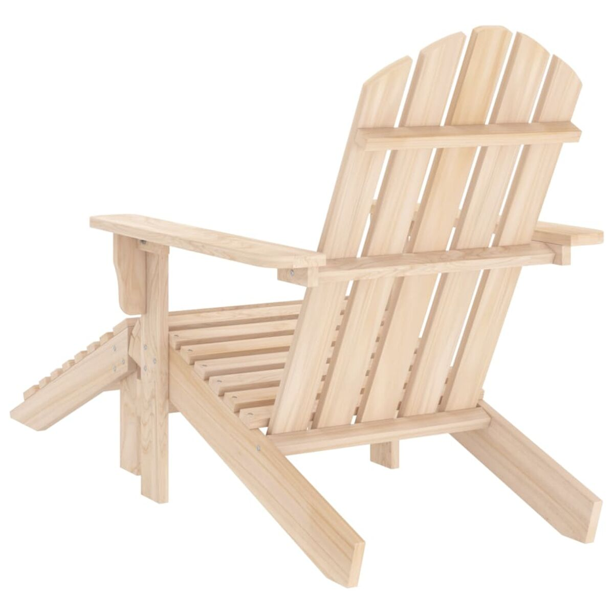 Ein hölzerner Adirondack-Stuhl, von hinten gesehen. Er ist aus hellem Holz und hat eine Fußstütze.