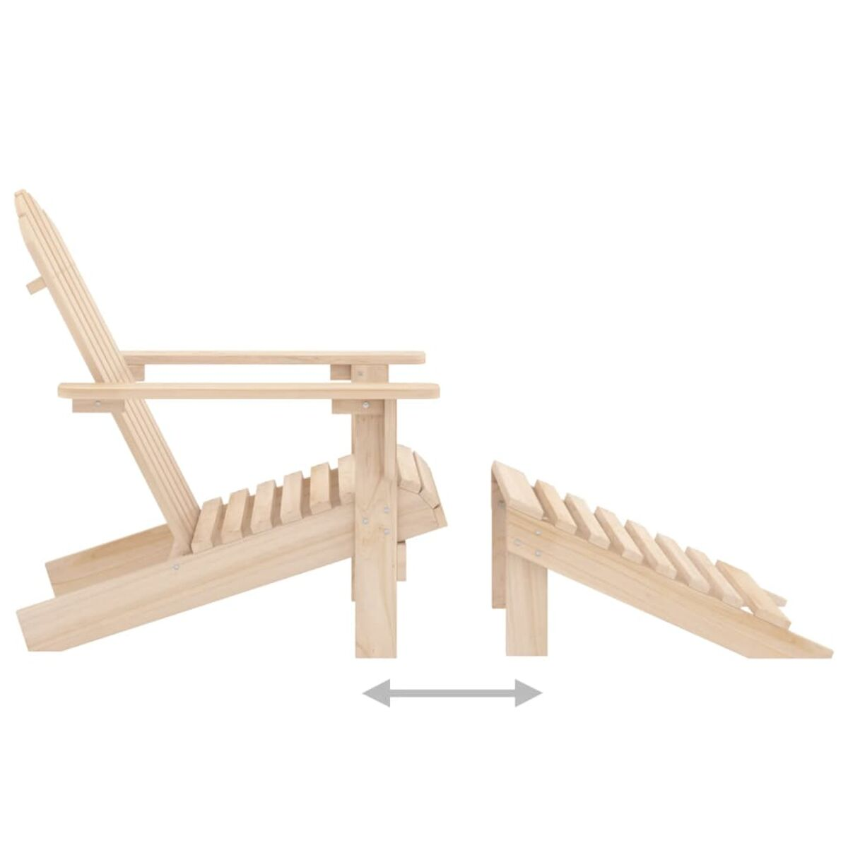 Ein hölzerner Adirondack-Stuhl mit passender Fußstütze. Es ist hellbraun.