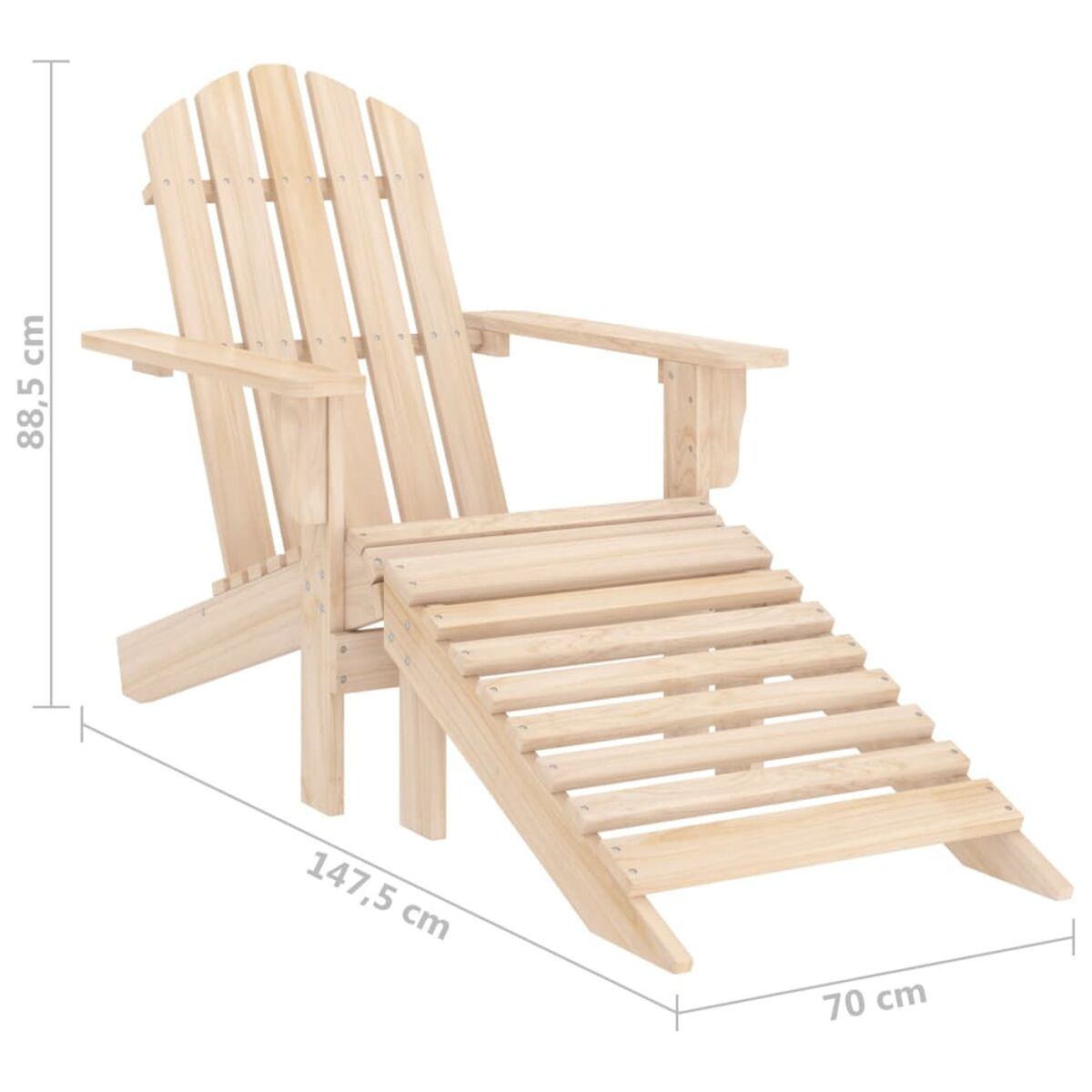 Ein hölzerner Adirondack-Stuhl mit angebrachter Fußstütze. Abmessungen sind in cm angegeben.