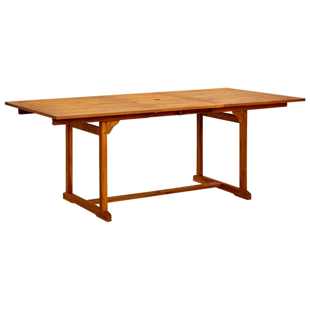 Rechteckiger Holztisch. Der Tisch hat eine natürliche Holzfarbe. Er ist für den Außenbereich konzipiert.