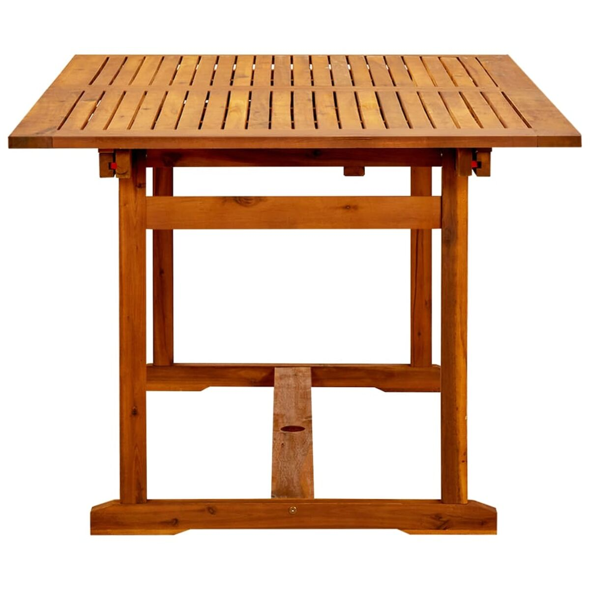 Holztisch mit Lamellenplatte und Klappmechanismus. Weißer Hintergrund.
