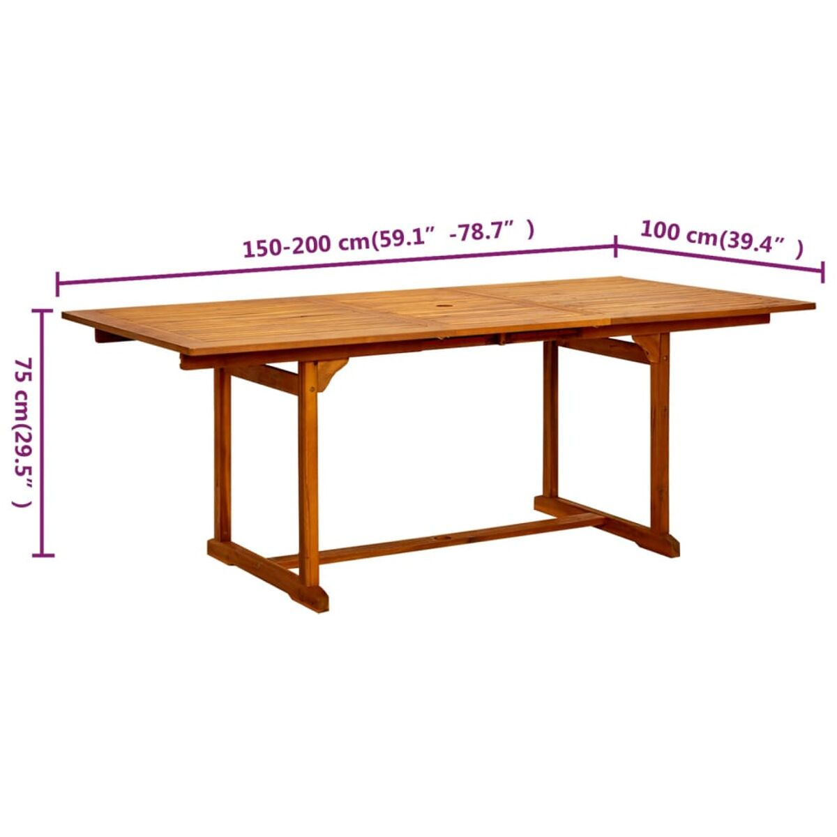 Holz-Esstisch für den Außenbereich mit verlängerter Platte, Maße in cm und Zoll.