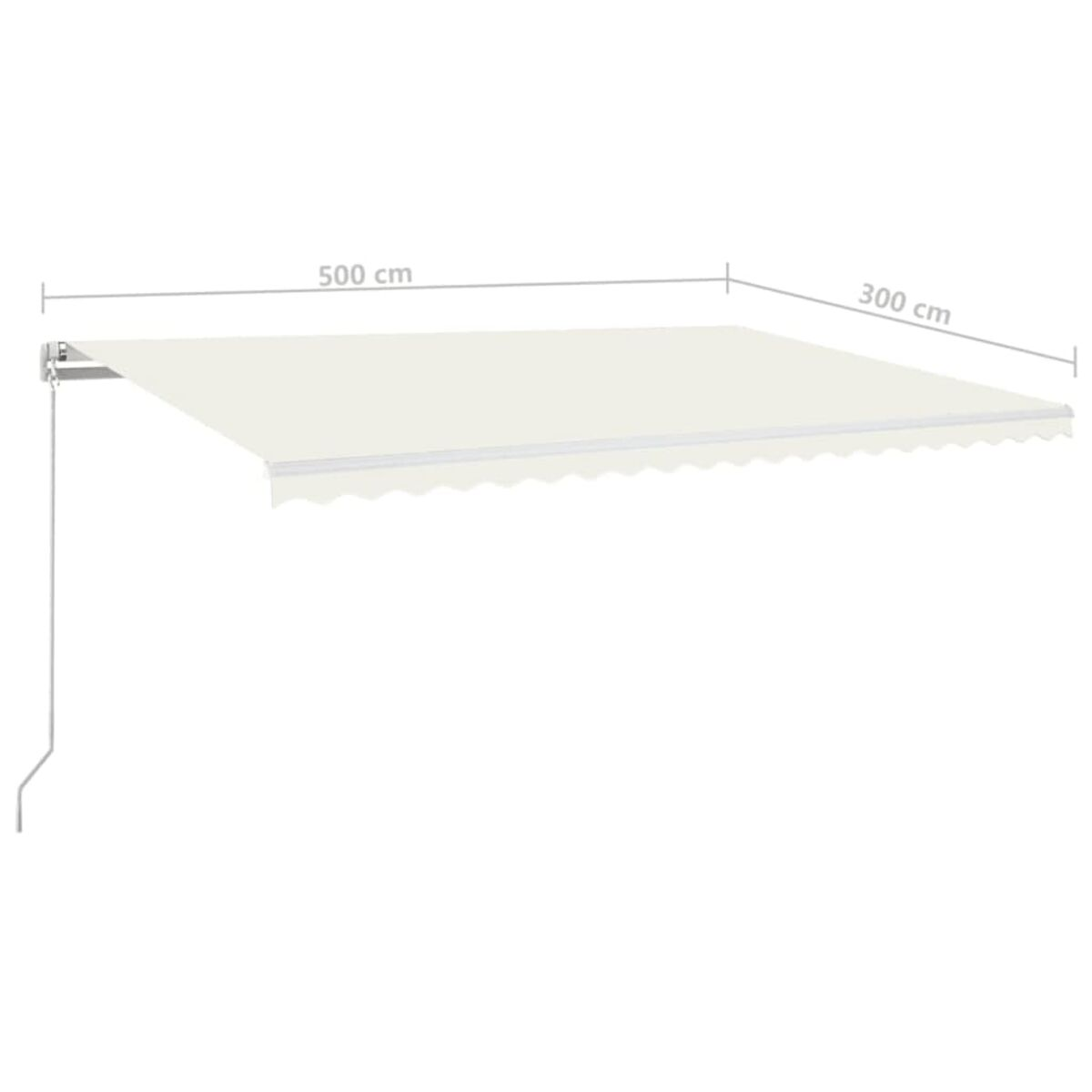 Ausziehbare Markise in Off-White, 500 cm breit, 300 cm tief, an einer Wand montiert. Ein Kabel ist sichtbar.