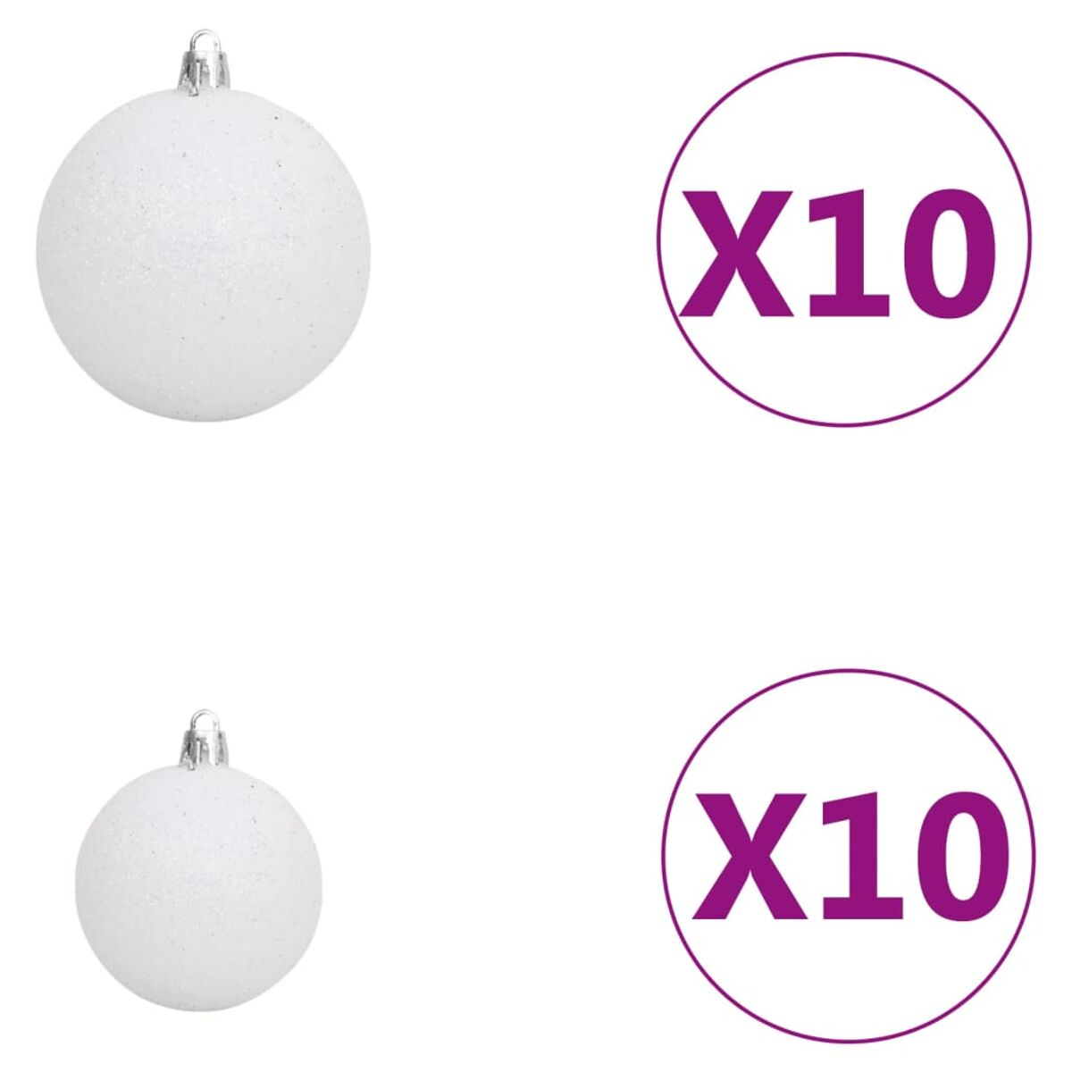Zwei weiße Weihnachtskugeln. Text X10 in einem Kreis daneben. Isoliert auf Weiß.