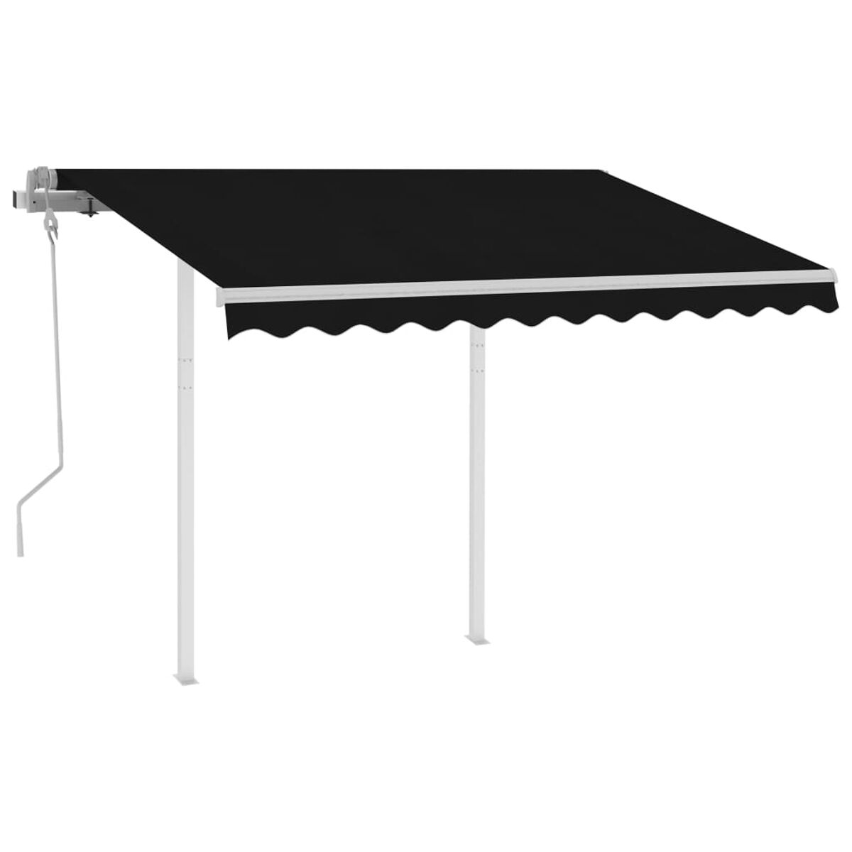 Eine schwarze Markise mit weißem Rahmen, weißer Halterung und weißem Hintergrund.