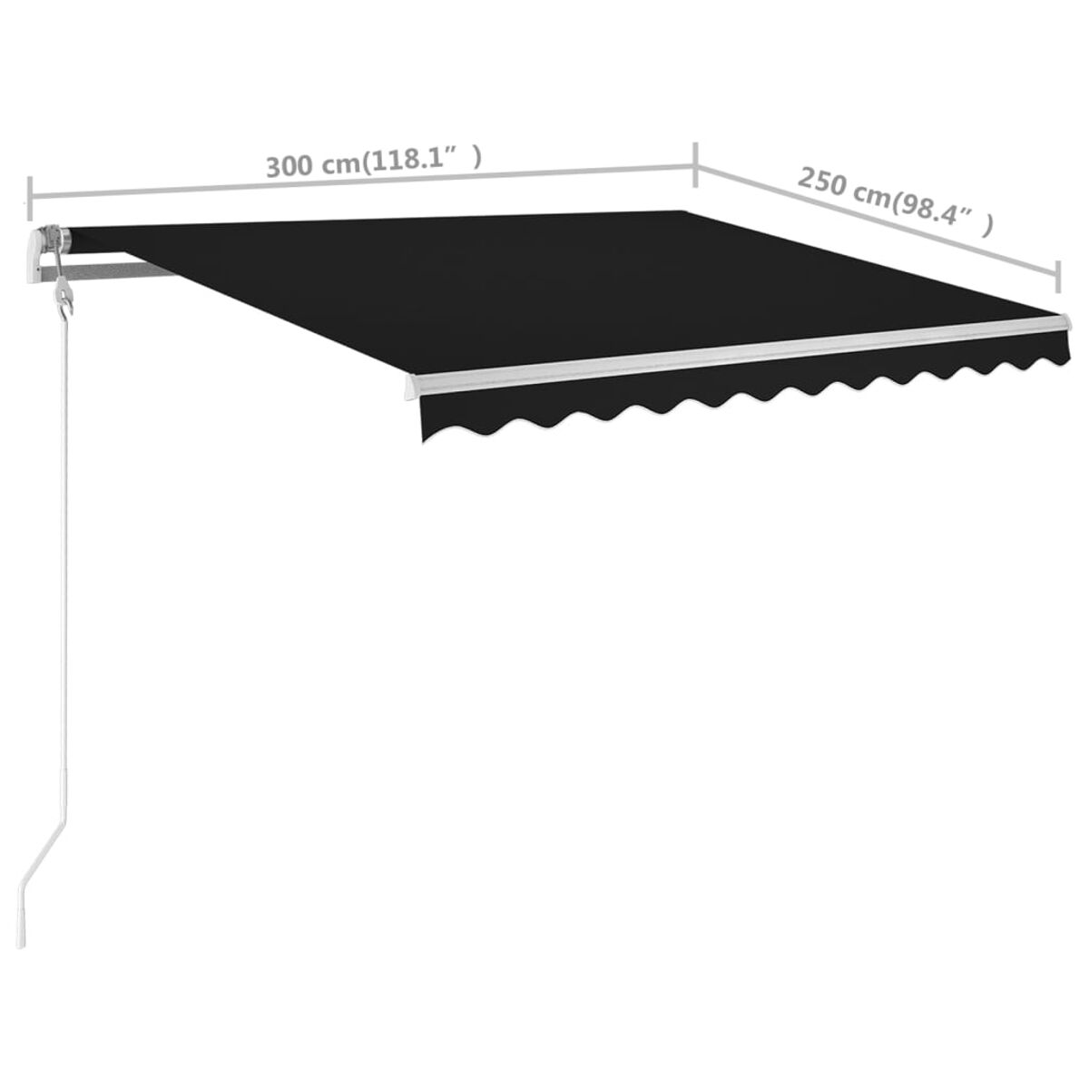 Schwarze Markise ausgefahren. Abmessungen: 300cm x 250cm. Weißer Stützarm. Isoliert auf Weiß.
