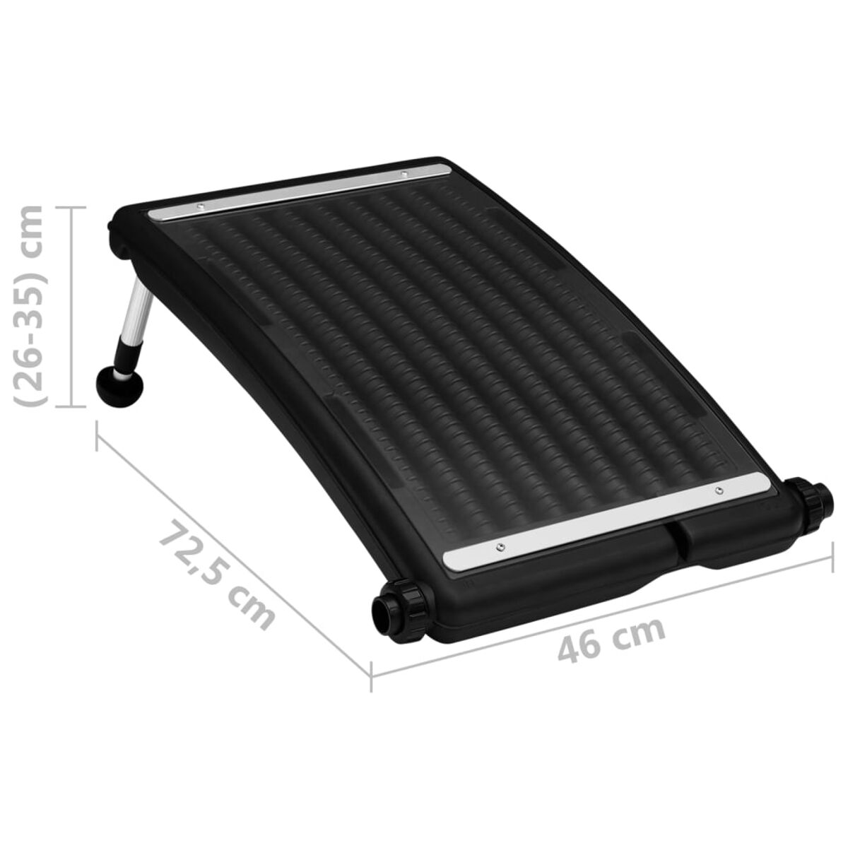 Schwarzes Solarpanel für einen Pool mit Maßen. Weißer Hintergrund.