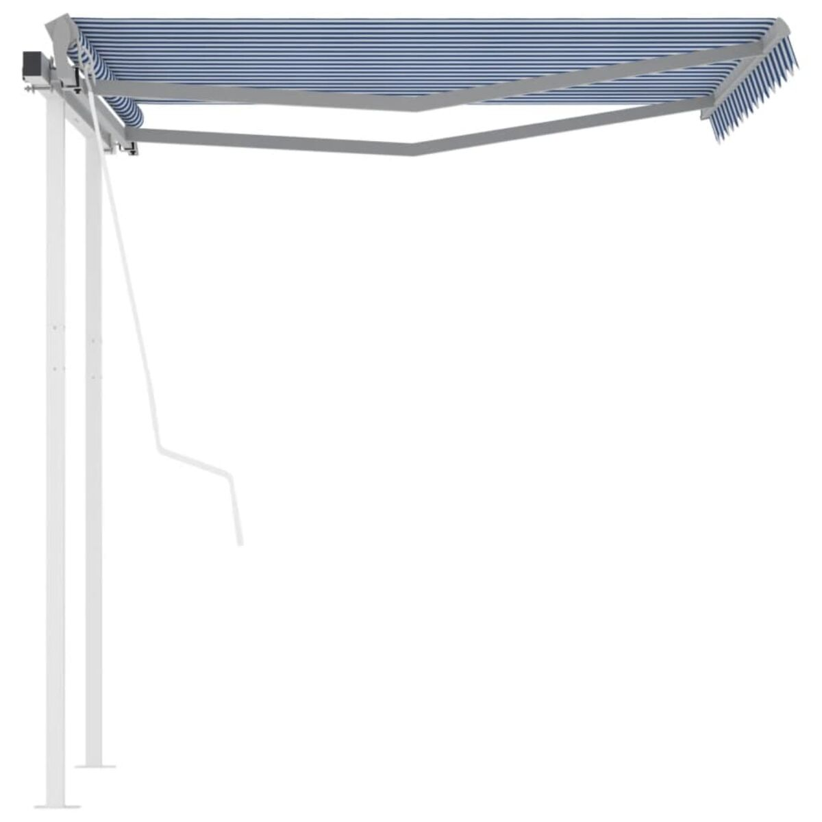 Weiße Markise mit blau-weißen Streifen. Weißer Hintergrund.