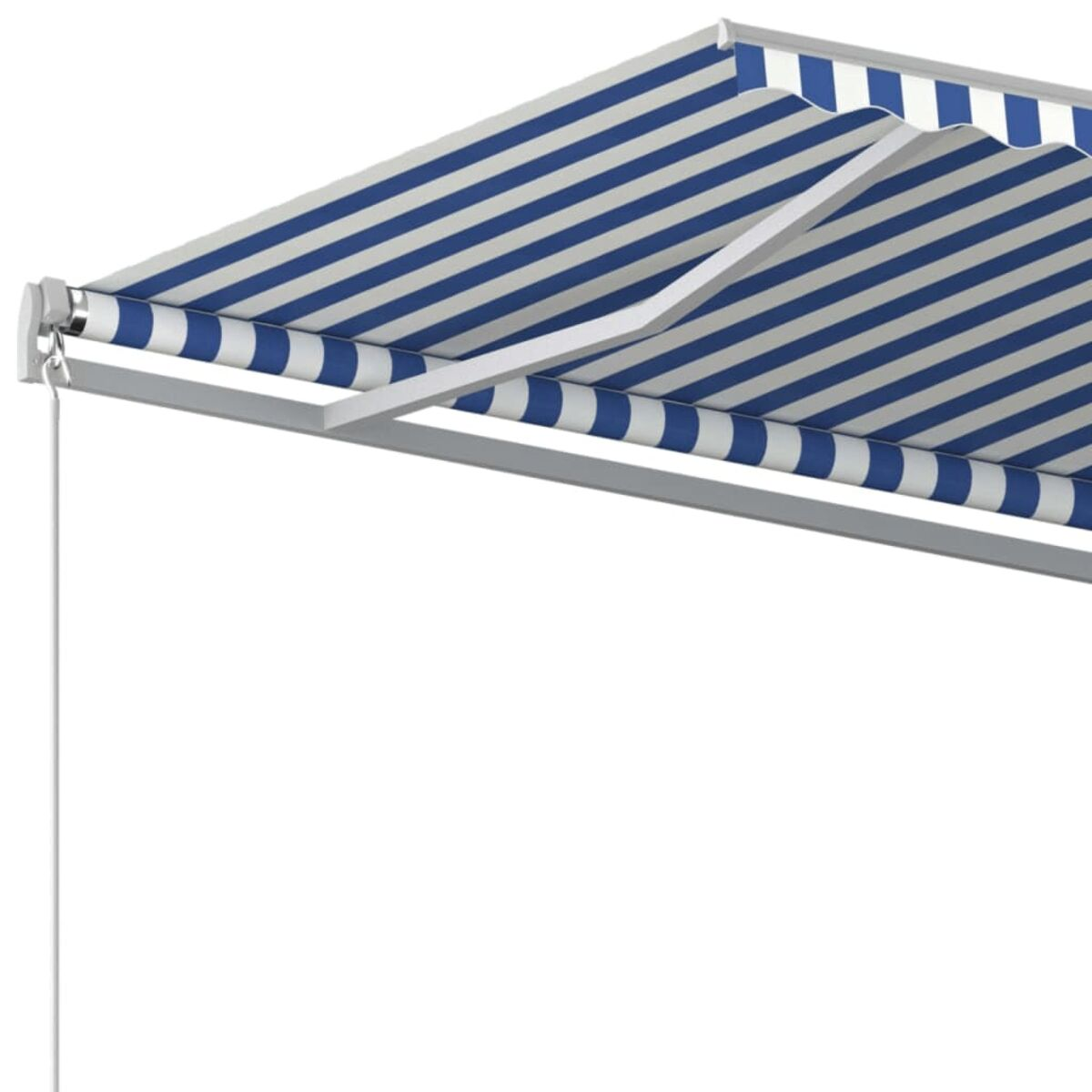 Blau-weiß gestreifte, ausziehbare Markise auf weißem Hintergrund.