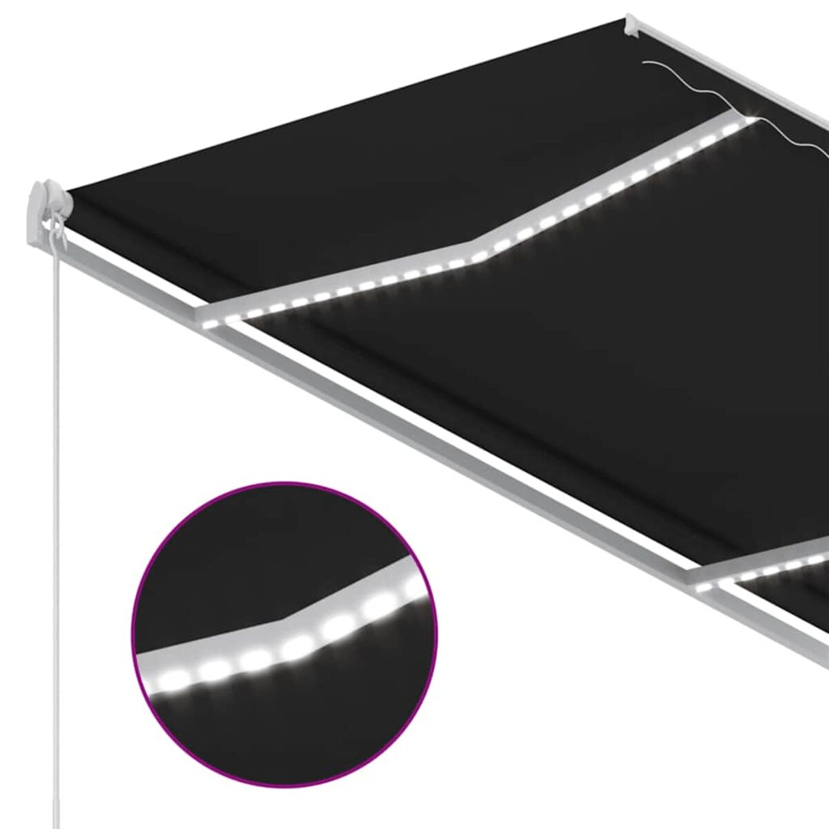 Eine schwarze Markise mit weißem Rand und einem Streifen weißer LED-Leuchten.