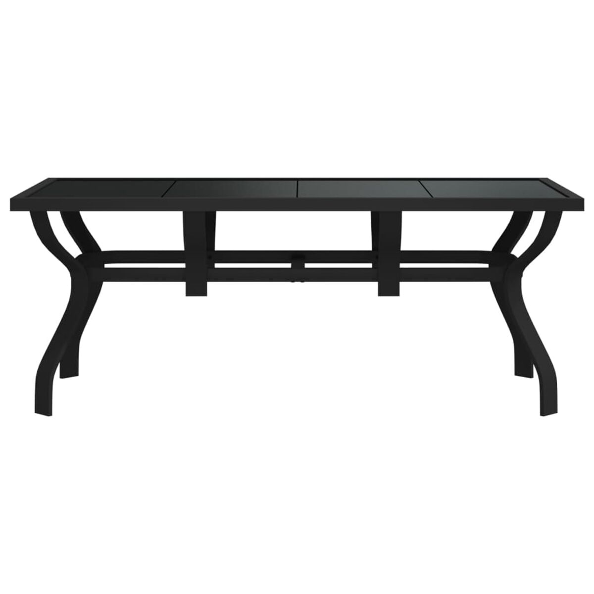 Schwarzer rechteckiger Gartentisch mit Glasplatte und geschwungenen Beinen.