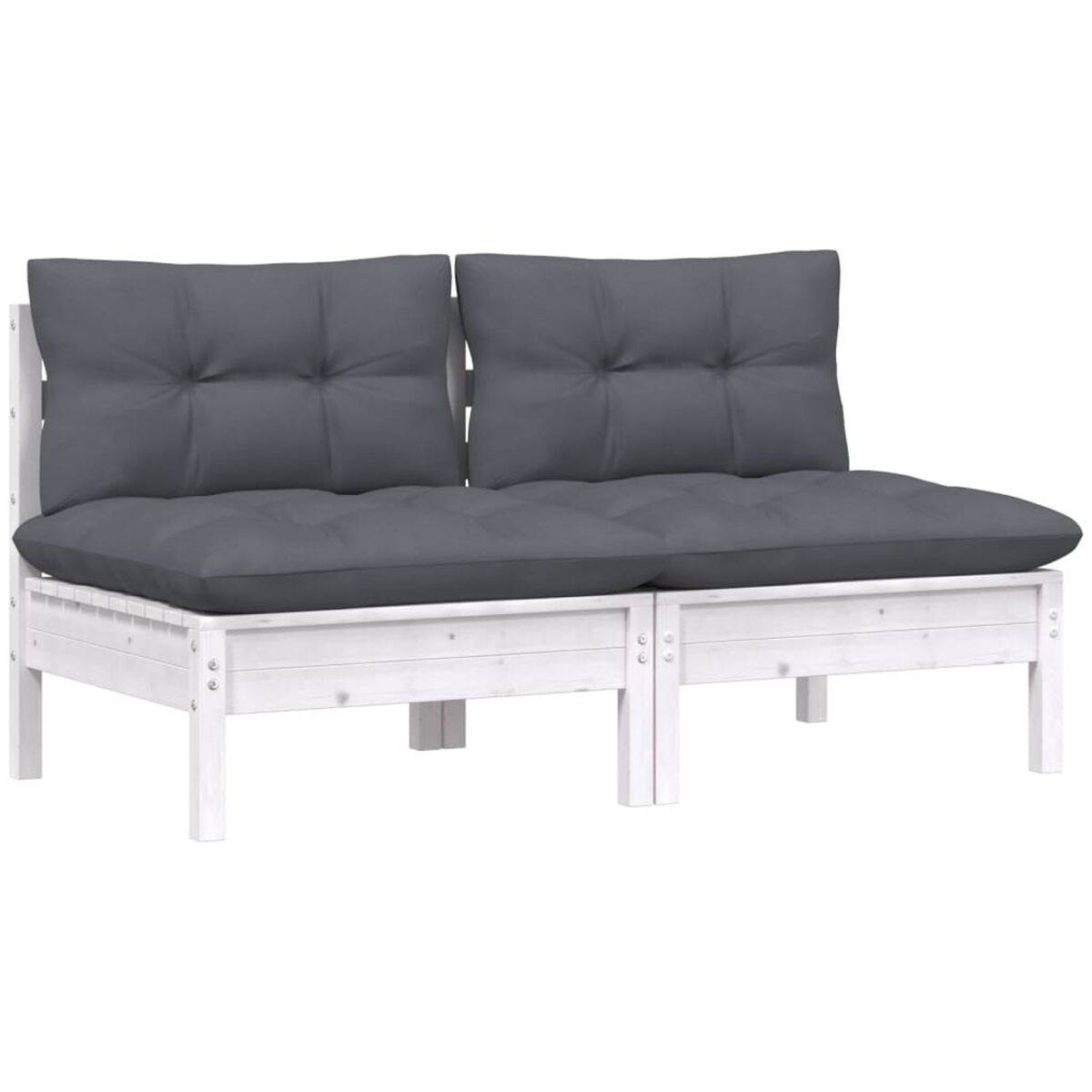 Weißes Holz-Zweisitzer-Sofa mit grauen Kissen. Einfaches Design.