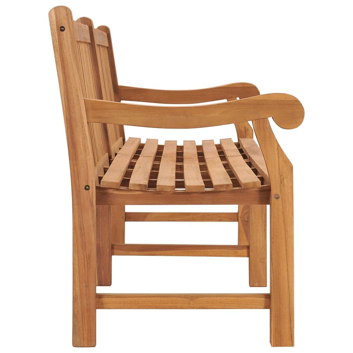Seitenansicht einer Holzbank mit Armlehnen, Sitz und Rückenlehne.