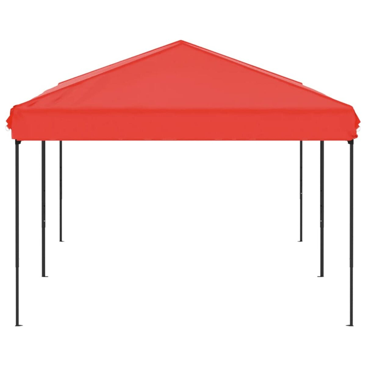 Rotes Zeltdach. Dreieckiges Dach. Schwarze Stützstangen. Weißer Hintergrund.