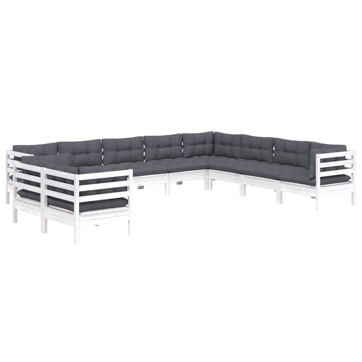 Weißes Outdoor-Ecksofa mit dunkelgrauen Kissen. Das Set befindet sich auf weißem Hintergrund.