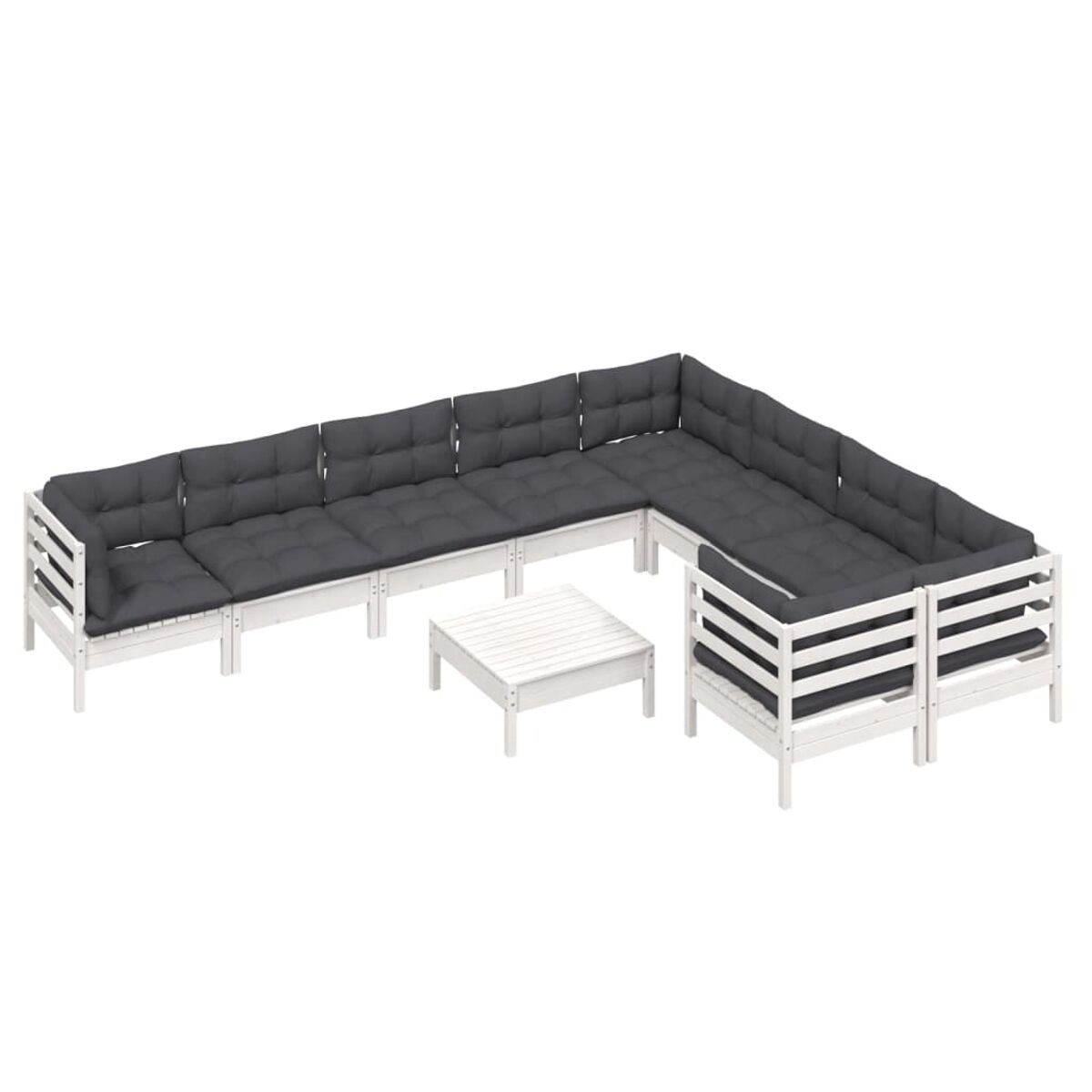 Gartenmöbel-Set: Ecksofa und Couchtisch. Weißer Rahmen mit grauen Kissen. Gut beleuchtete Szene.
