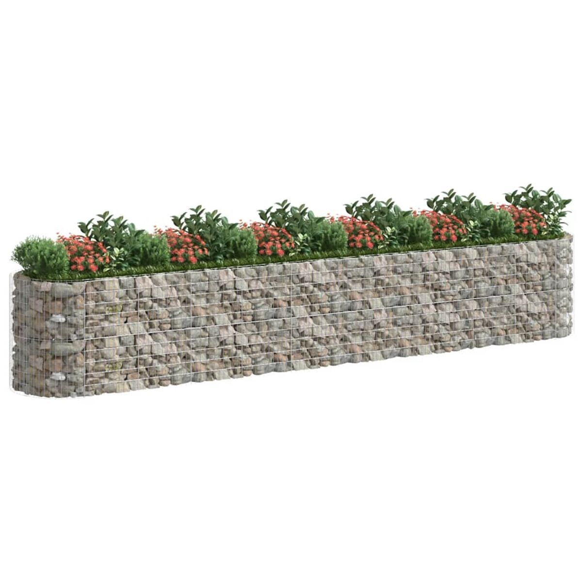 Ein Gabionenpflanzer mit grünen Büschen und roten Blumen, vor weißem Hintergrund.